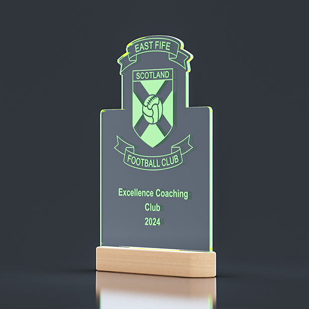 LED108 - multi colour LED wooden base 200 x 30 x 45mm with clear acrylic 200 x 266 x 5mm