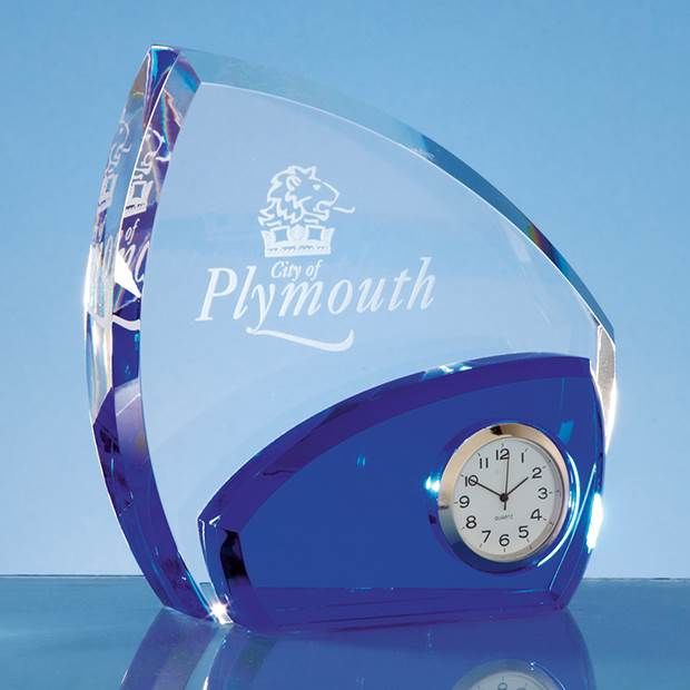 SY4045 - 13.5cm Optical Crystal Clear & Cobalt Blue Clock