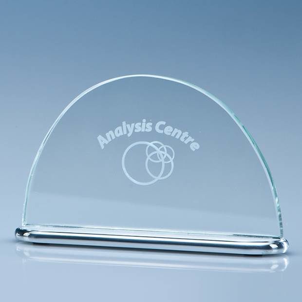 TZ3716 - 14cm x 8.5cm x 7mm Clear Glass Half Moon on an Aluminium Base