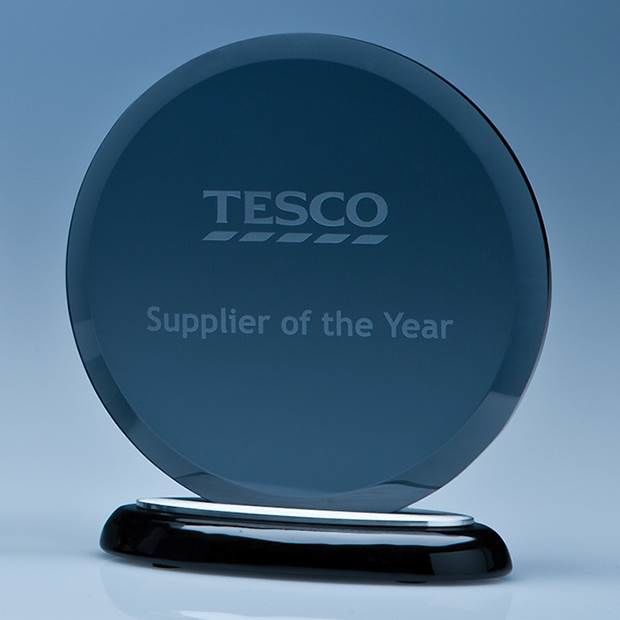 TZ3751 - 15.5cm x 10mm Smoked Glass Circle on a Black Piano Finish Base