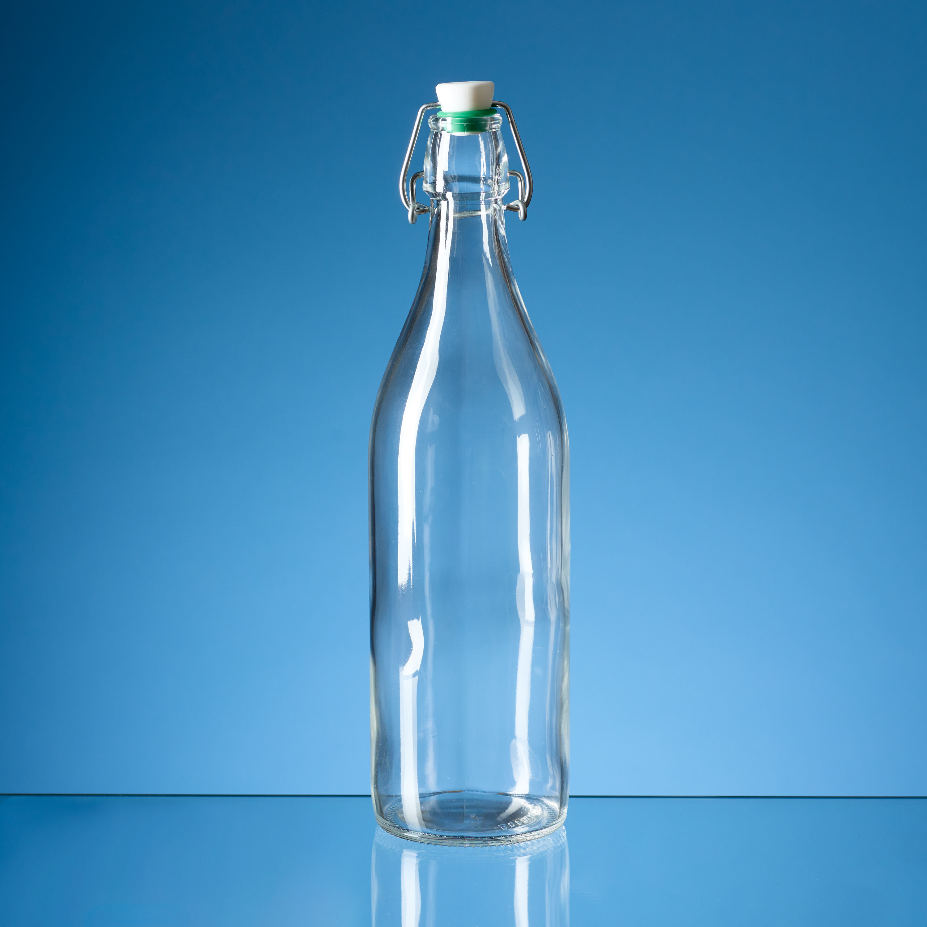 BR46 - 1ltr Round Whte Cap Swing Top Bottle with Green Washer