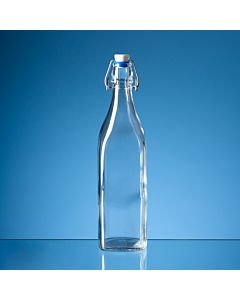 BR43 - 1ltr Square Whte Cap Swing Top Bottle with Blue Washer